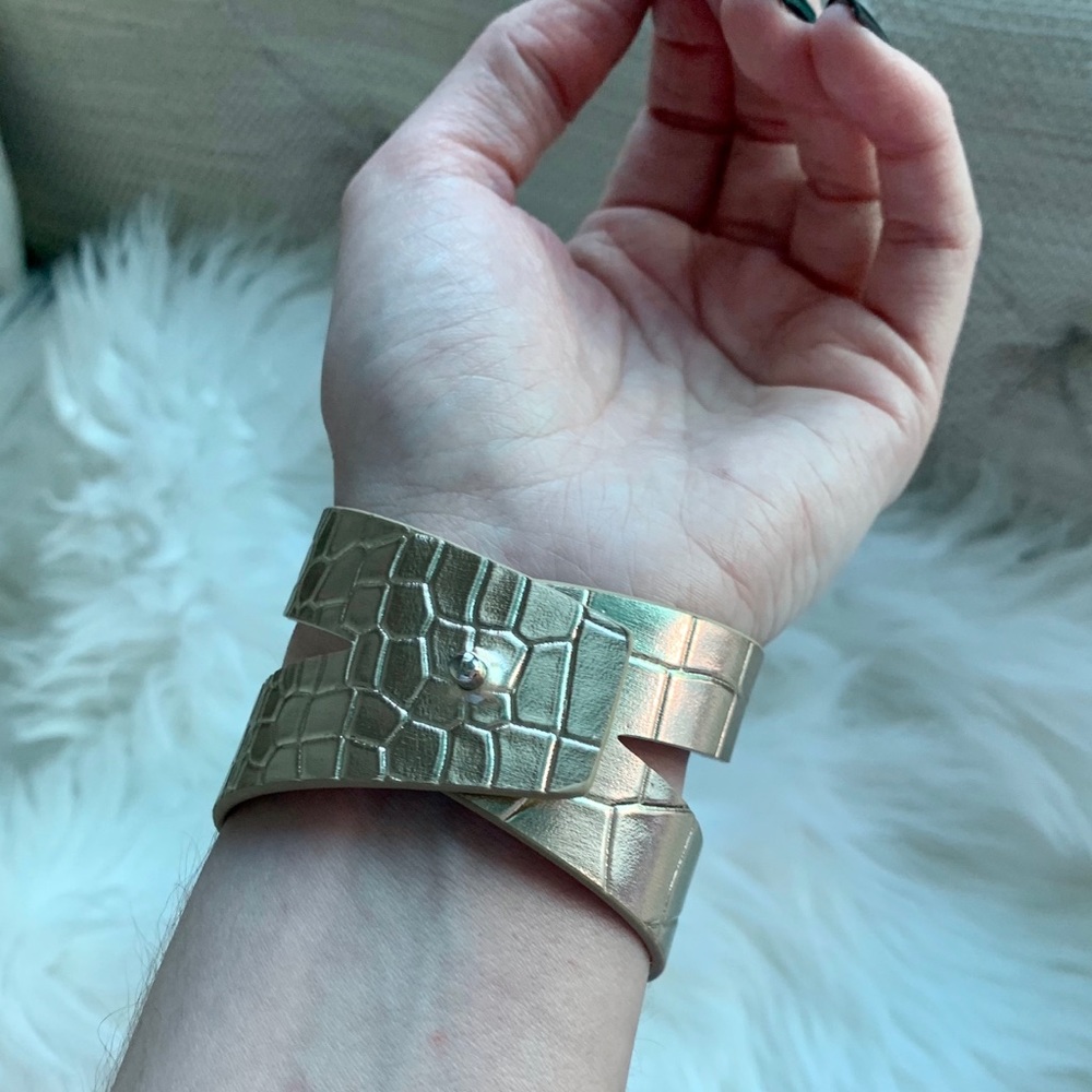 Croc Embossed Gold Eco Leather Cuff Bracelet - Picture 8 of 9